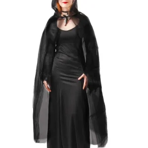 Capa Adulto Bruxa em Tule com Capuz – Preto