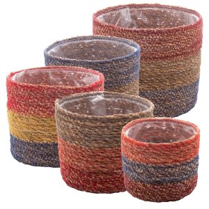 CJ 5 CACHEPOTS DE FIBRA NATURAL COM FORRO DE PLASTICO COLORIDO