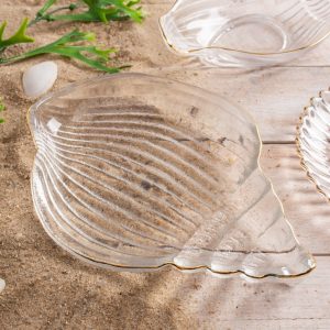 MINI TRAVESSA VIDRO CONCHA C/FIO DE OURO CARACOL 21×15,5cm