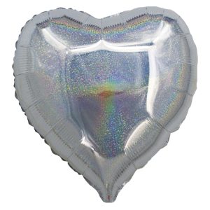 BALAO HOLOGRAFICO CORACAO C/ CANUDO PRATEADO 18 POLEGADAS