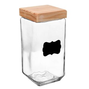 POTE DE VIDRO COM TAMPA DE PINUS E ADESIVO CUSTOMIZAVEL PRETO 2,2L