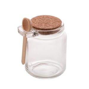 POTE DE VIDRO C/ COLHER BAMBU E TAMPA ROLHA 240ml