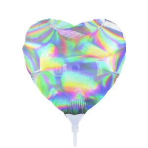 MINI BALAO METALIZADO HOLOGRAFICO CORACAO C/ HASTE 10 POL PRATA