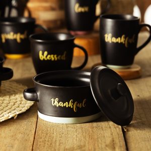 MINI CACAROLA CERAMICA THANKFUL PRETO MATT/AZUL 16×12,5x9cm