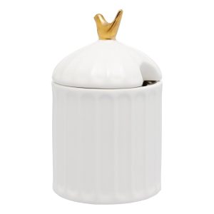 ACUCAREIRO DE CERAMICA COLIBRI COM COLHER E TAMPA BRANCO 7CM X 7CM X 10,5CM