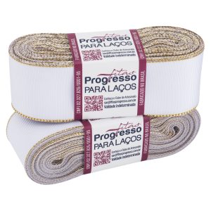 FITA GORGURAO C/OURELA DOURADA 38mm COR 201 BRANCO 10 Metros GLD009