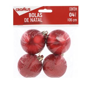 BOLA LISA FOSCA E GLITTER VERMELHO 6cm C/4 UN