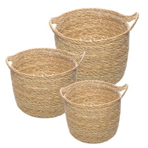 CJ 3 CACHEPOTS DE FIBRA NATURAL COM ALCA E FORRO DE PLASTICO