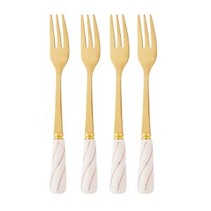 CJ 4 GARFOS ACO INOX P/APERITIVO DOURADO C/CABO CERAMICA BRANCO