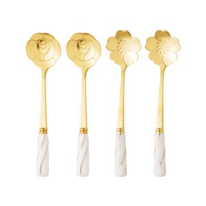 CJ 4 COLHERES ACO INOX P/CHA CABO CERAMICA FLOWERS DOURADO/BRANCO