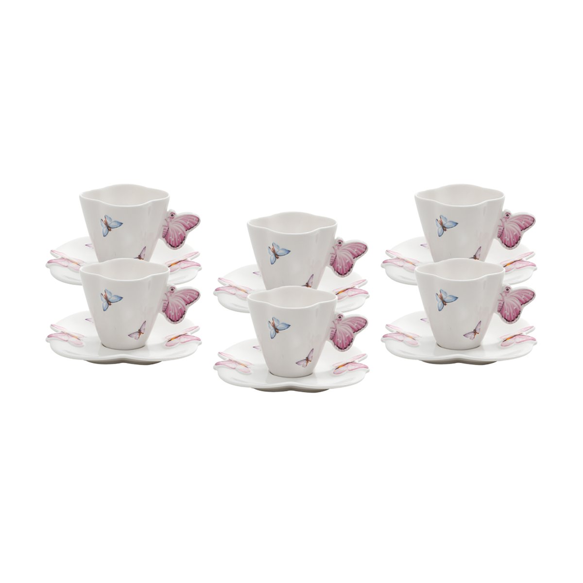CJ 6 XICARAS CAFE PORCELANA C/PIRES BORBOLETAS BRANCO 100ml