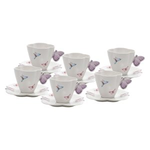 CJ 6 XICARAS CHA PORCELANA C/PIRES BORBOLETAS BRANCO 200ml