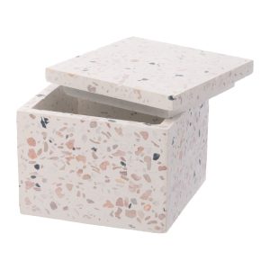 ORGANIZADOR QUADRADO DE MARMORE TERRAZO COM TAMPA BRANCO 8CM X 8CM X 6,5CM