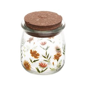 POTE REDONDO DE VIDRO COM TAMPA DE ROLHA FLORA 190ML
