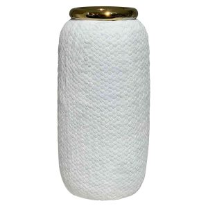 VASO DE CERAMICA BRANCO E DOURADO 14X30CM