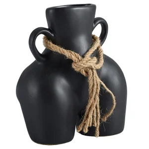 PECA DECORATIVA EM CERAMICA PRETA COM CORDA SILHUETA FEMININA 14X17X10CM
