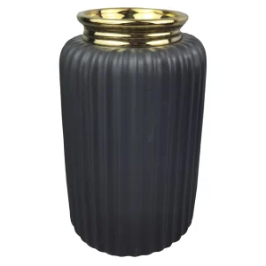 VASO DE CERAMICA PRETO E DOURADO 13X22CM