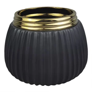 VASO DE CERAMICA PRETO E DOURADO 15X22CM