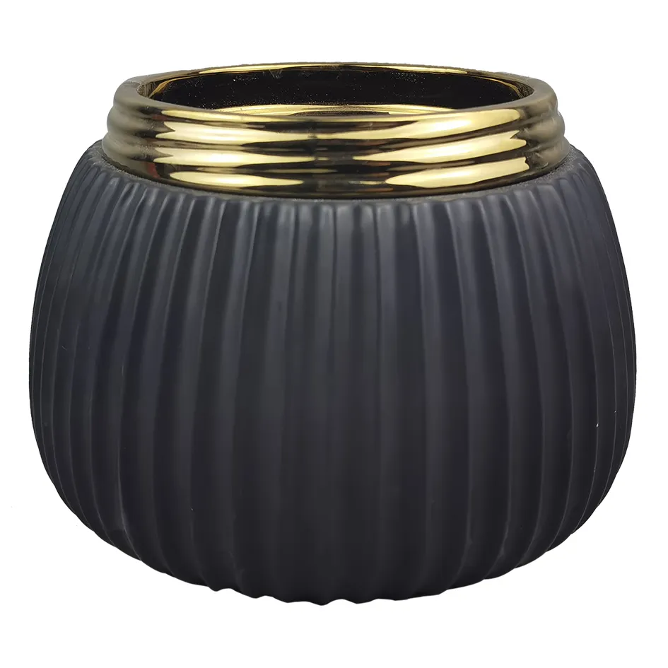 VASO DE CERAMICA PRETO E DOURADO 13,5X18CM