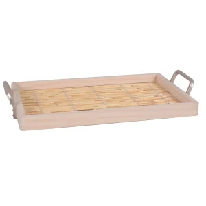 BANDEJA EM MADEIRA E METAL BEGE 40,5X26X3CM