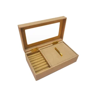 PORTA JOIAS EM COURO SINTETICO BEGE 24X14X8CM
