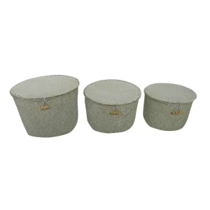 CONJUNTO C/3 CESTAS DE PALHA BRANCA COM TAMPA E FECHO