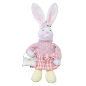 BONECO DE PASCOA COELHO FEMEA SENTADO ROSA/ AMARELO 43cm