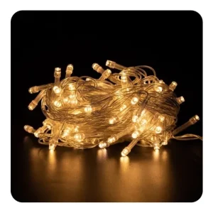 KIT C/2 CORDAO C/ 100 LEDS BRANCO QUENTE FIO TRANSP 10M 220V