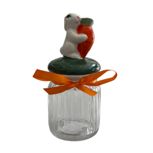 POTE DE VIDRO COM TAMPA CERAMICA COELHO DA PASCOA 18X8CM