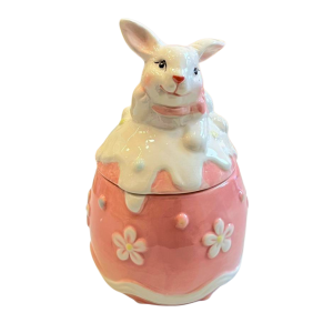 POTE CERAMICA OVO C/TAMPA COELHO DA PASCOA ROSA 18CM