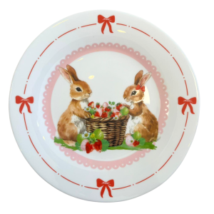 PRATO RASO VIDRO OPALINO COELHO DA PASCOA MORANGO 25,5CM