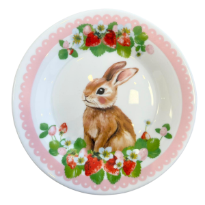PRATO RASO VIDRO OPALINO COELHO DA PASCOA MORANGO ROSA 18CM